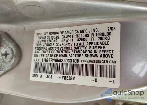2003 Honda Civic Lx from USA, damaged, VIN 1HGES16503L033108